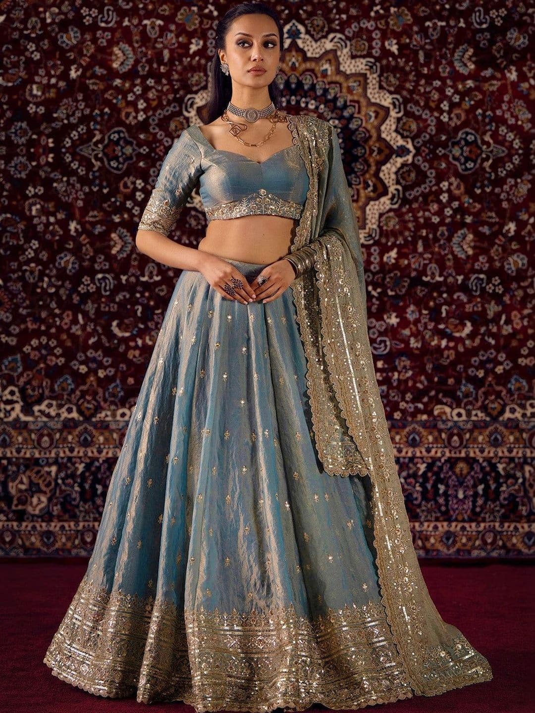 JIHU CULTURE Embroidered Sequinned Semi-Stitched Lehenga & Unstitched Blouse With Dupatta - view 1