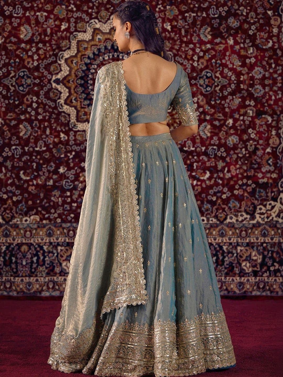 JIHU CULTURE Embroidered Sequinned Semi-Stitched Lehenga & Unstitched Blouse With Dupatta thumbnail 4