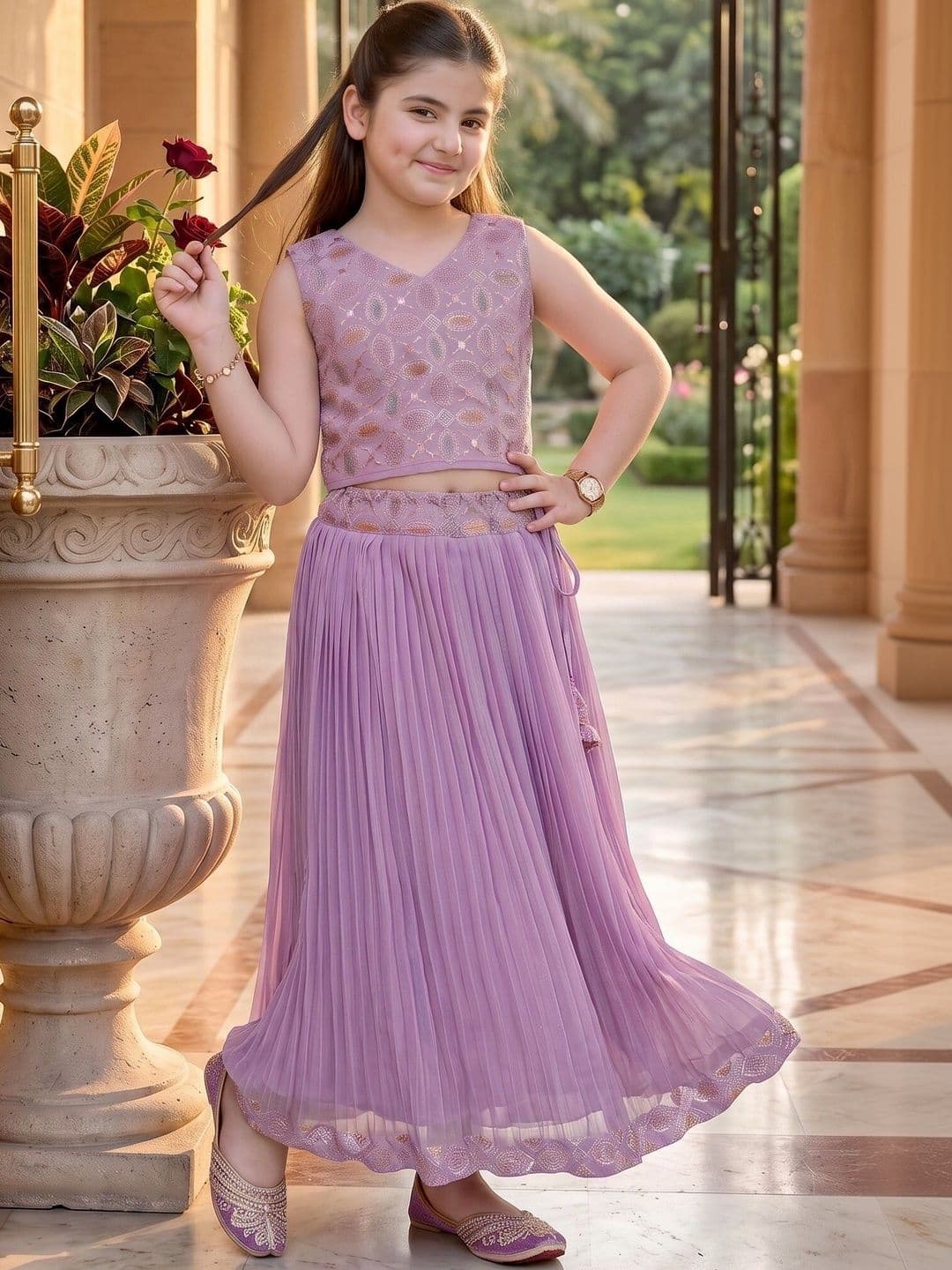 KALINI Girls Embroidered Thread Work Ready to Wear Lehenga & thumbnail 3