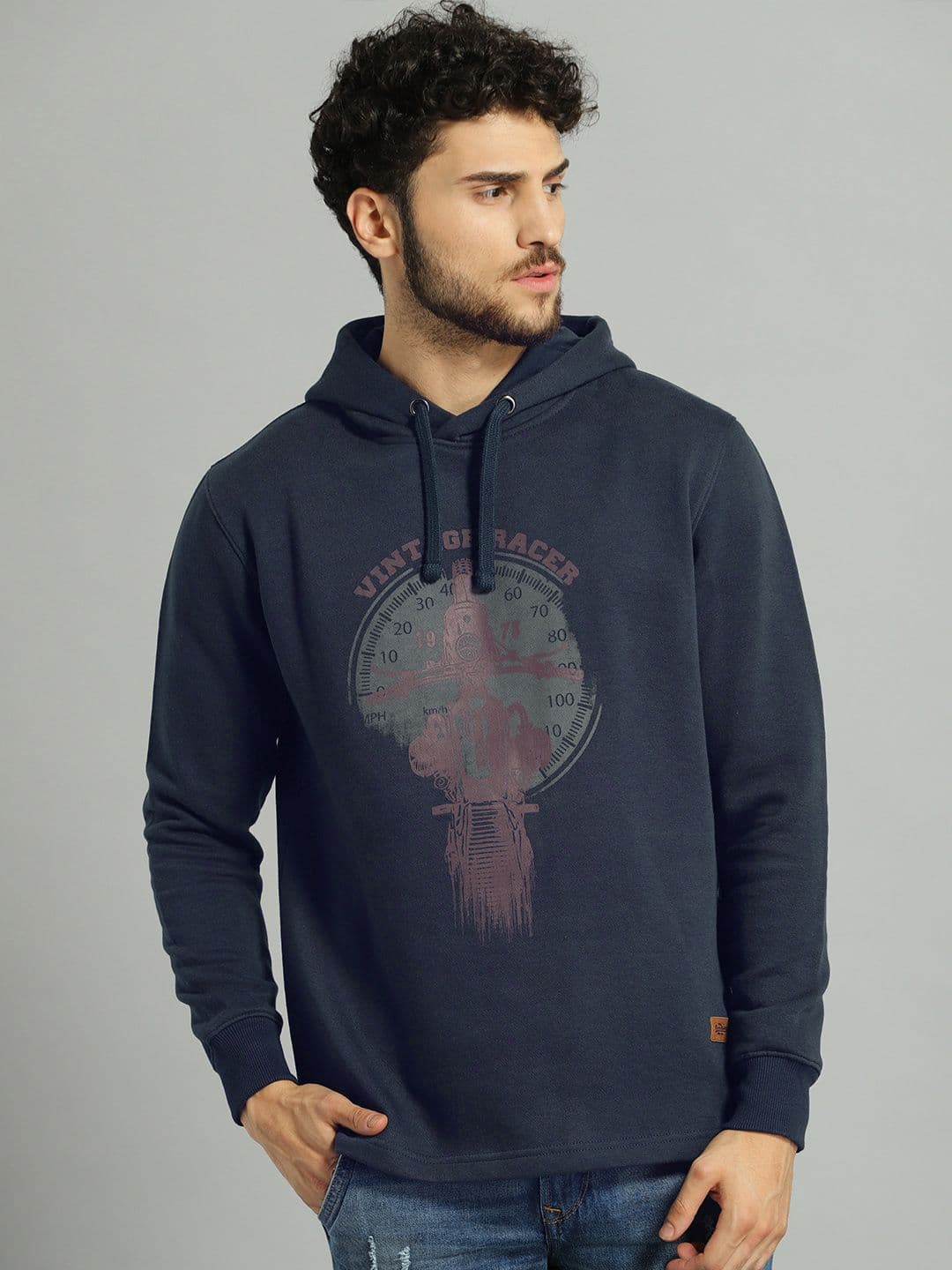 The Roadster Lifestyle Co Men Navy Blue Printed Hooded Pullover Sweatshirt - view 1