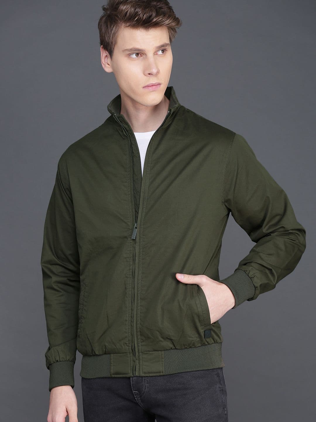 WROGN Men Olive Green Solid Bomber Jacket - view 1