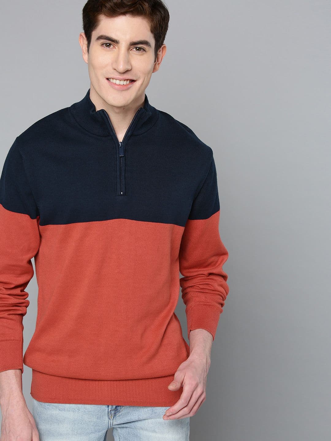Mast & Harbour Men Navy Blue & Orange Colourblocked Sweater - view 1