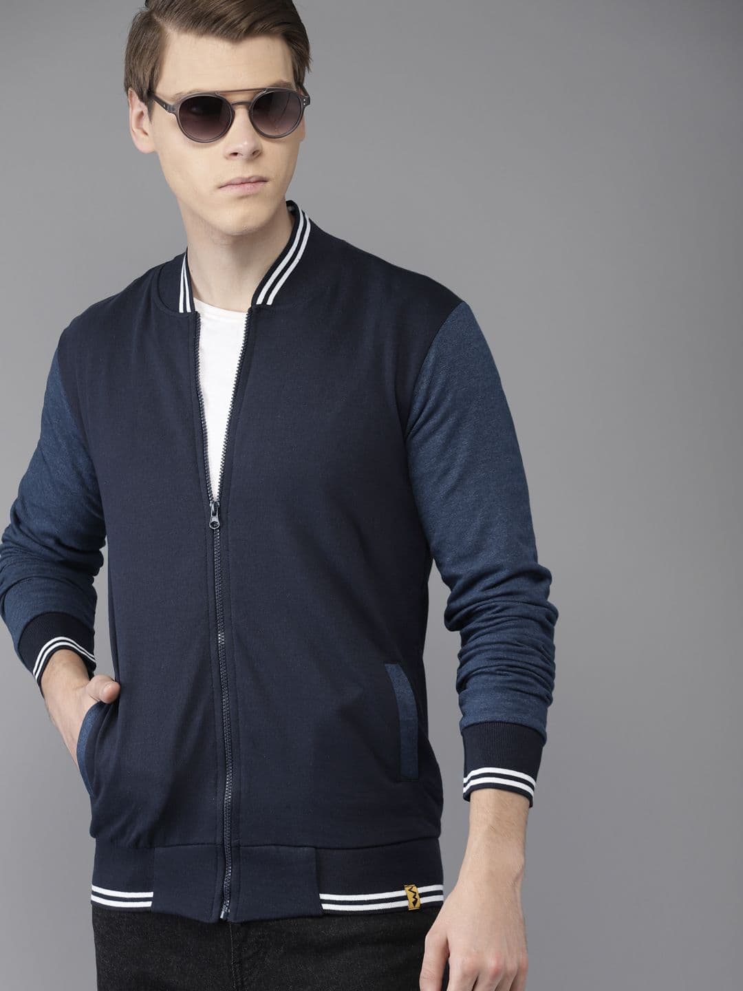 CAHOOT Men Navy Blue Solid Bomber Jacket - view 1