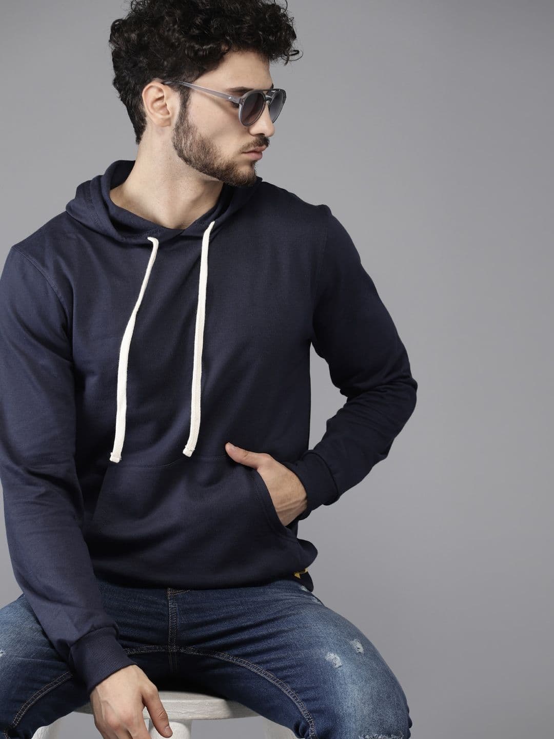 CAHOOT Men Navy Blue Solid Hooded Sweatshirt - view 1