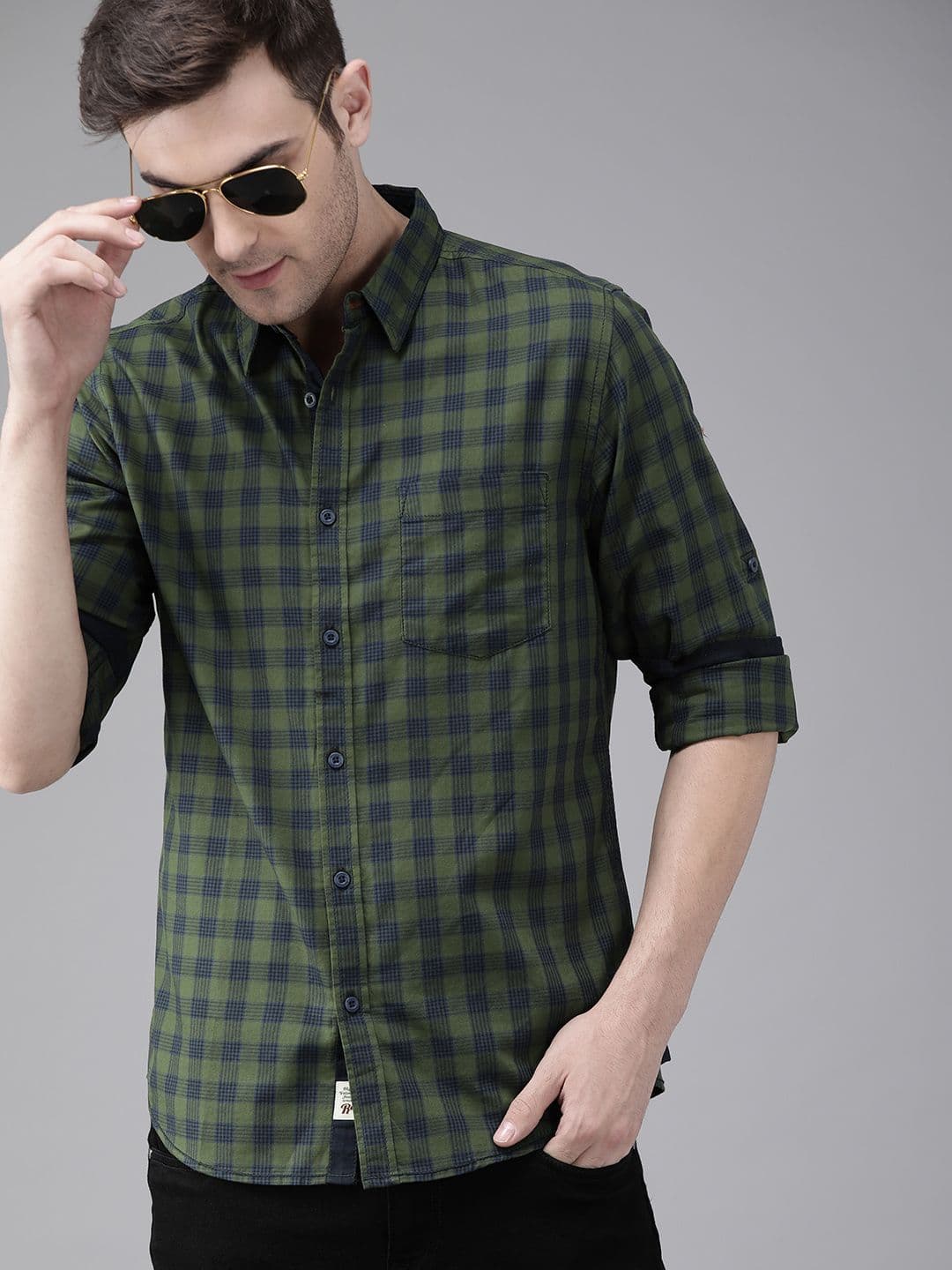 Roadster Men Olive Green & Navy Blue Checked Pure Cotton Casual Shirt - view 1
