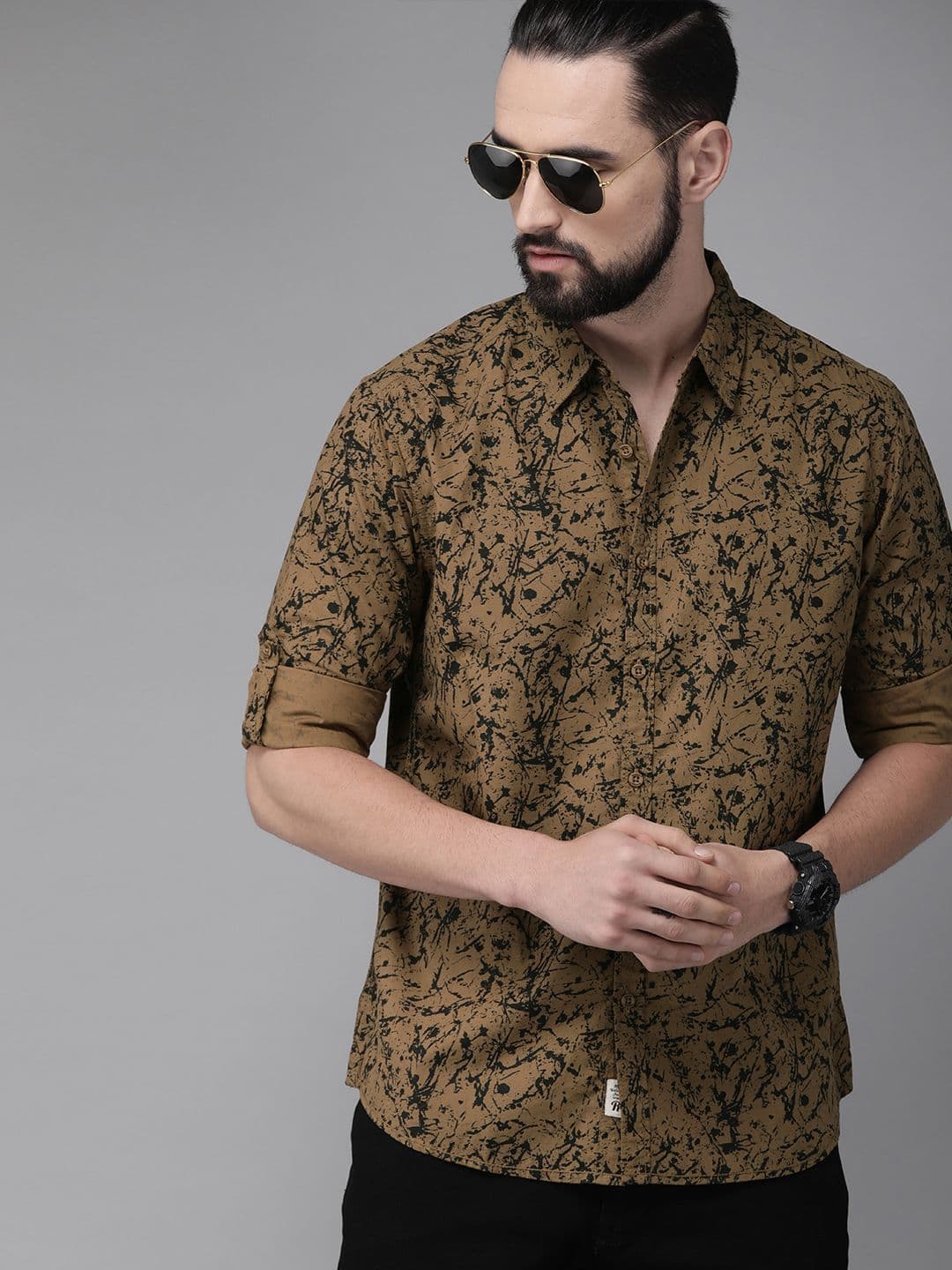 The Roadster Lifestyle Co Men Khaki & Black Regular Fit Printed Sustainable Casual Shirt - view 1