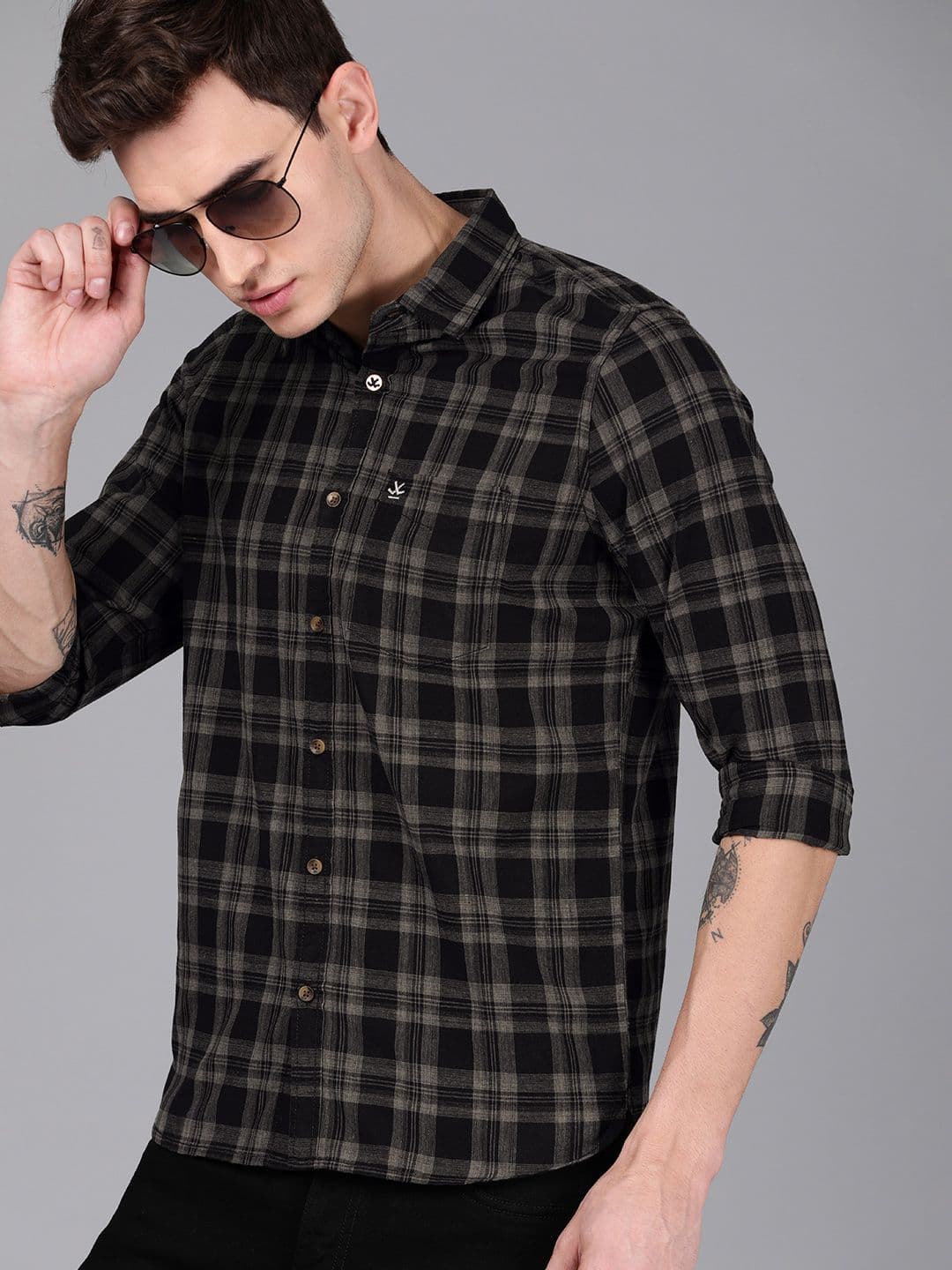 WROGN Men Black & Grey Slim Fit Checked Casual Shirt - view 1