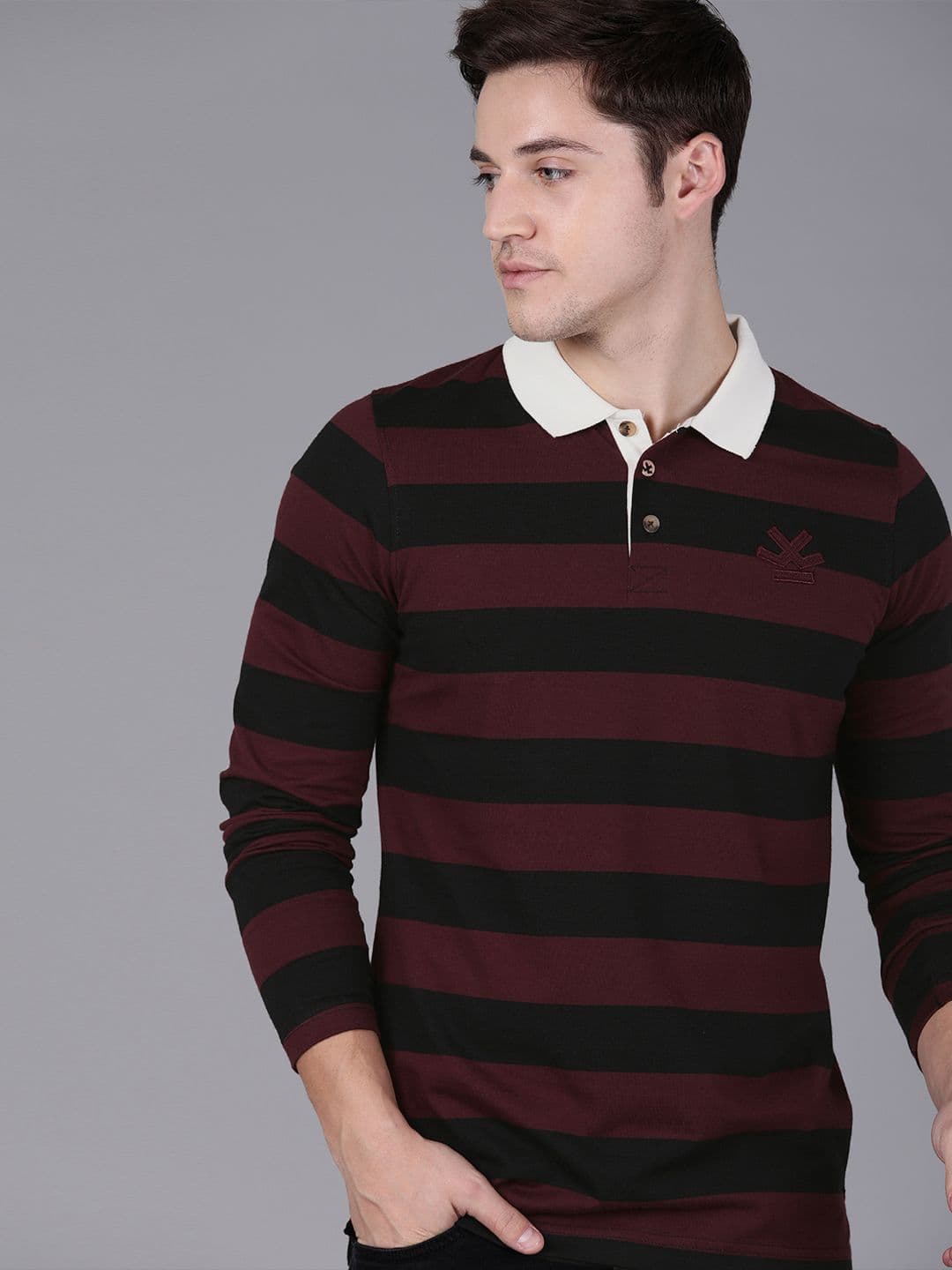 WROGN Men Burgundy & Black Striped Polo Collar T-shirt - view 1