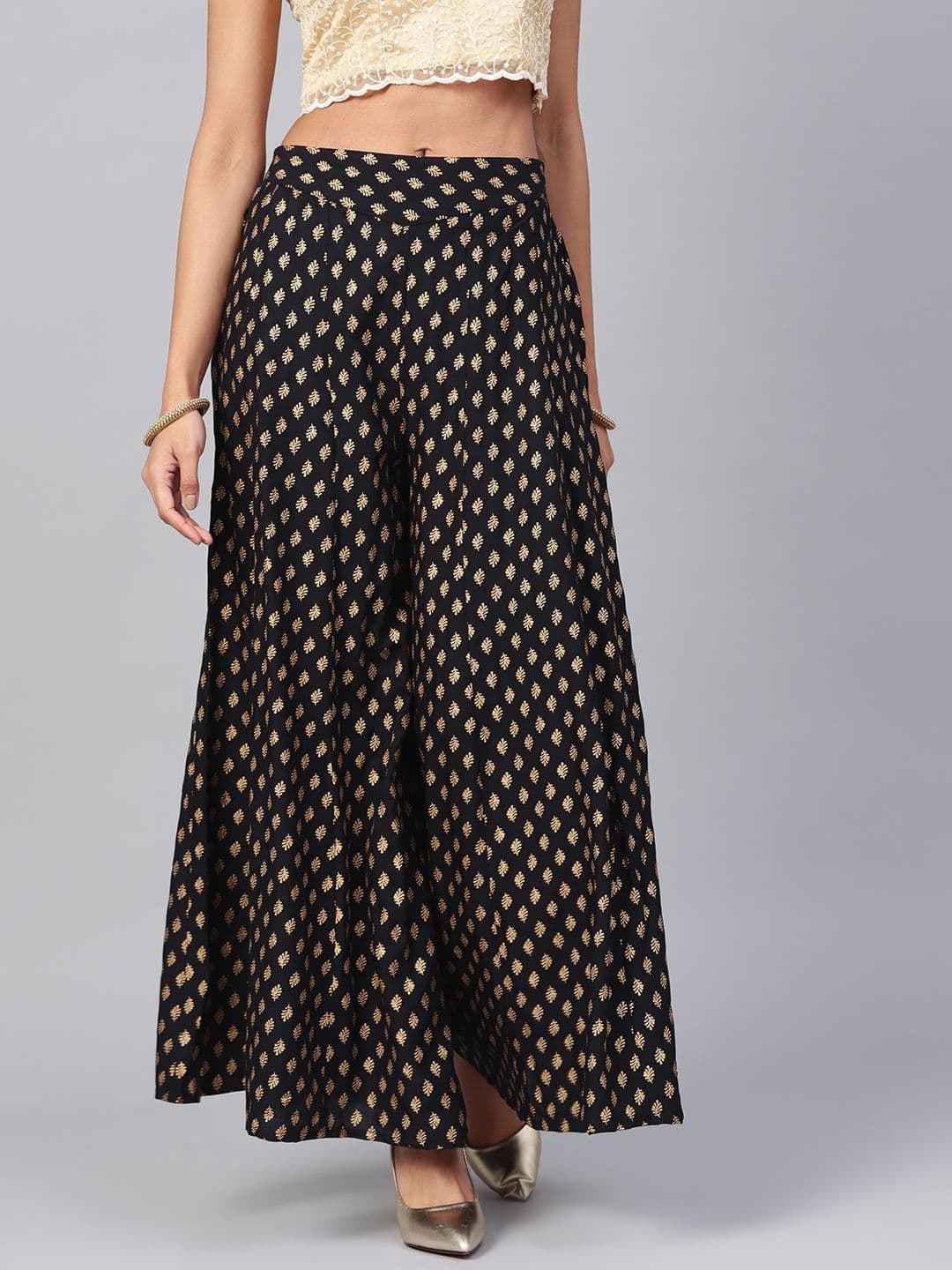 Juniper Women Black & Gold-Toned Printed Flared Palazzos - view 1