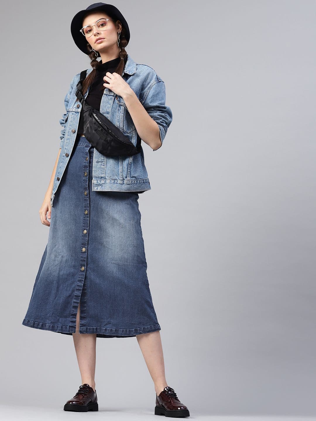 SASSAFRAS Blue Washed Midi Denim Pure Cotton A-Line Skirt - view 1