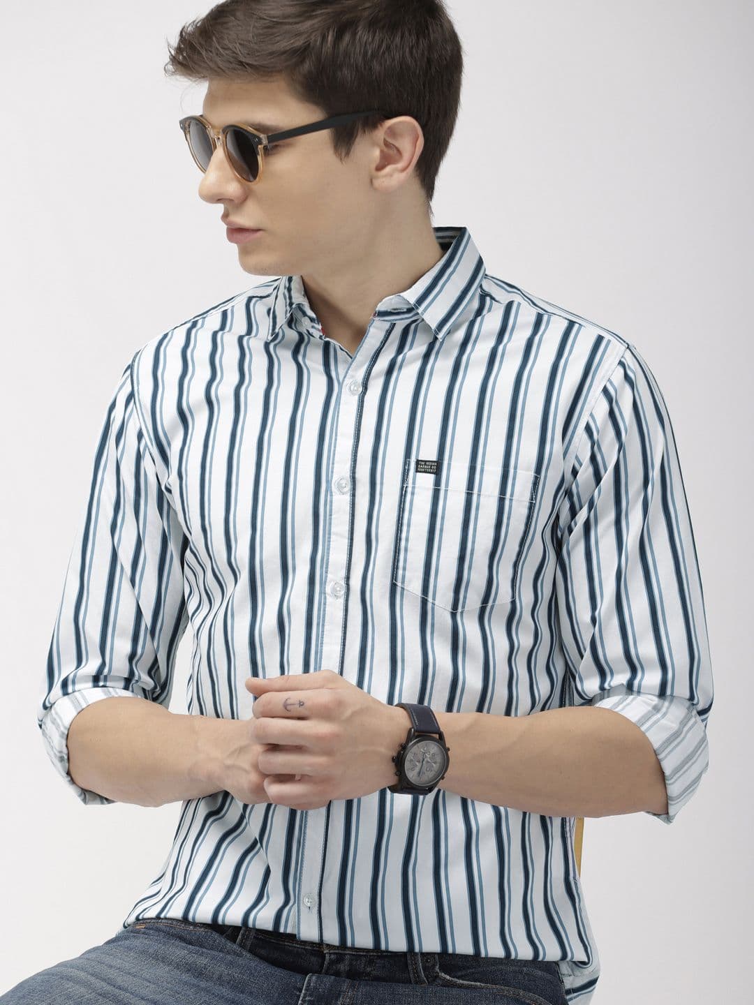 The Indian Garage Co Men White & Teal Blue Slim Fit Striped Casual Shirt - view 1