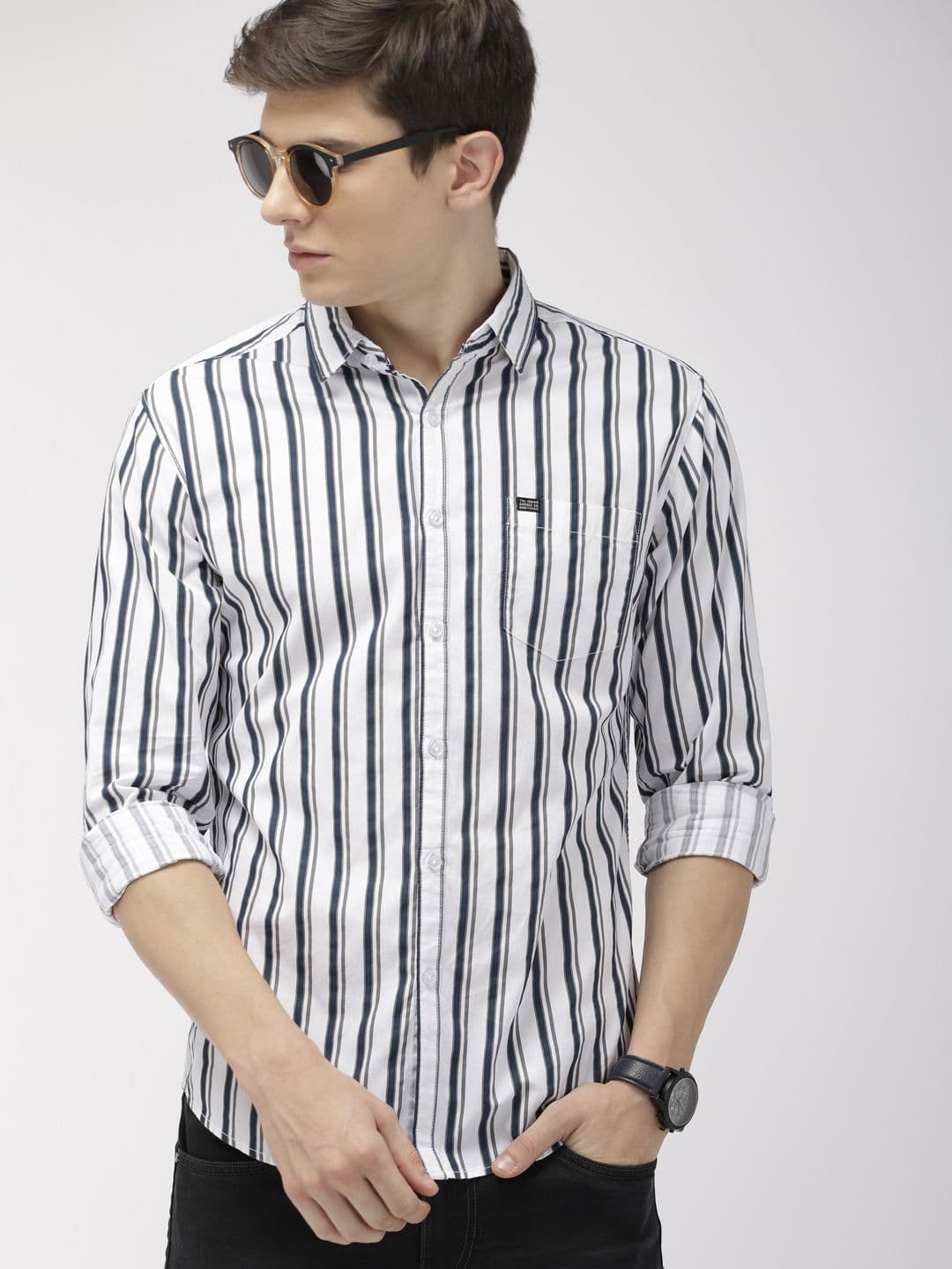 The Indian Garage Co Men White & Navy Blue Slim Fit Striped Casual Shirt - view 1