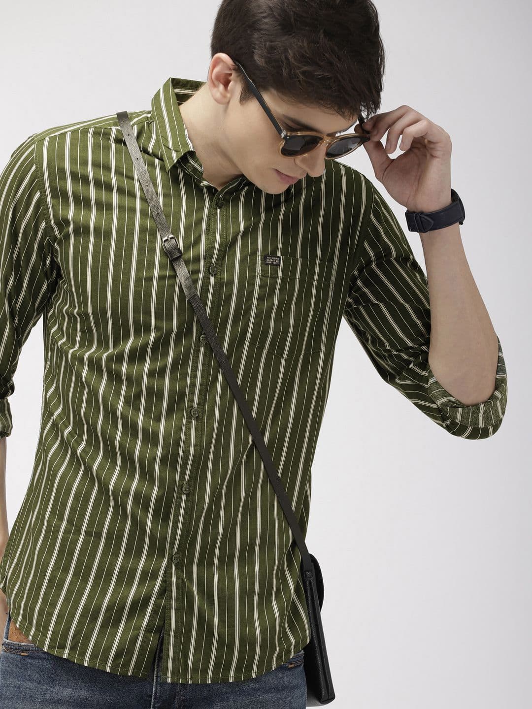 The Indian Garage Co Men Olive Green & White Slim Fit Striped Casual Shirt - view 1
