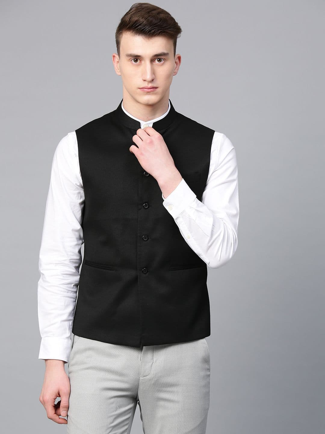 MANQ Men Black Slim Fit Solid Nehru Jacket - view 1