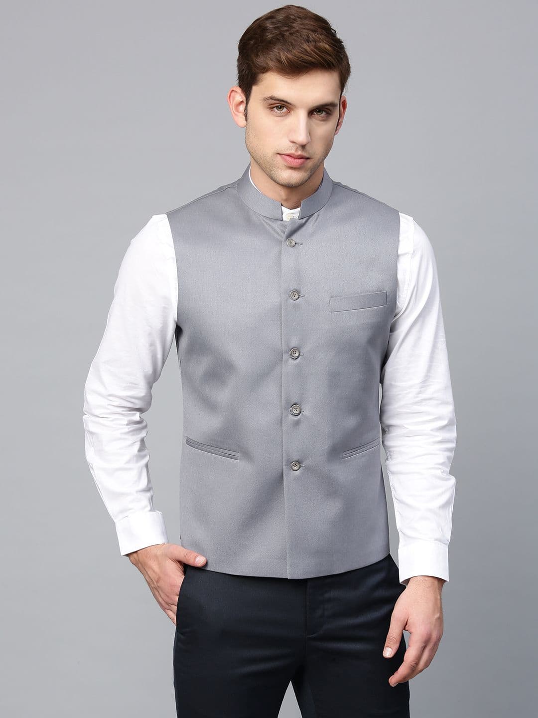 MANQ Men Grey Solid Slim Fit Nehru Jacket - view 1
