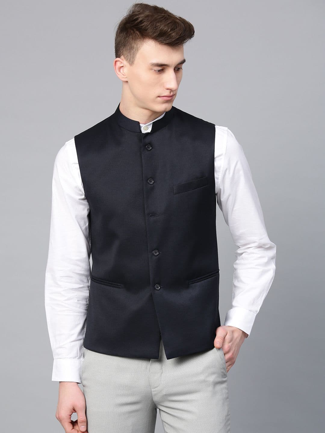 MANQ Men Navy Blue Solid Slim Fit Nehru Jacket - view 1