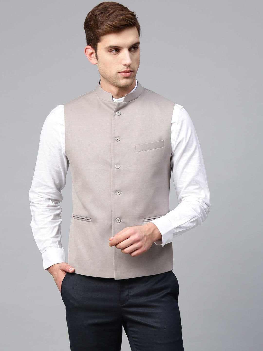 MANQ Men Taupe Solid Slim Fit Nehru Jacket - view 1