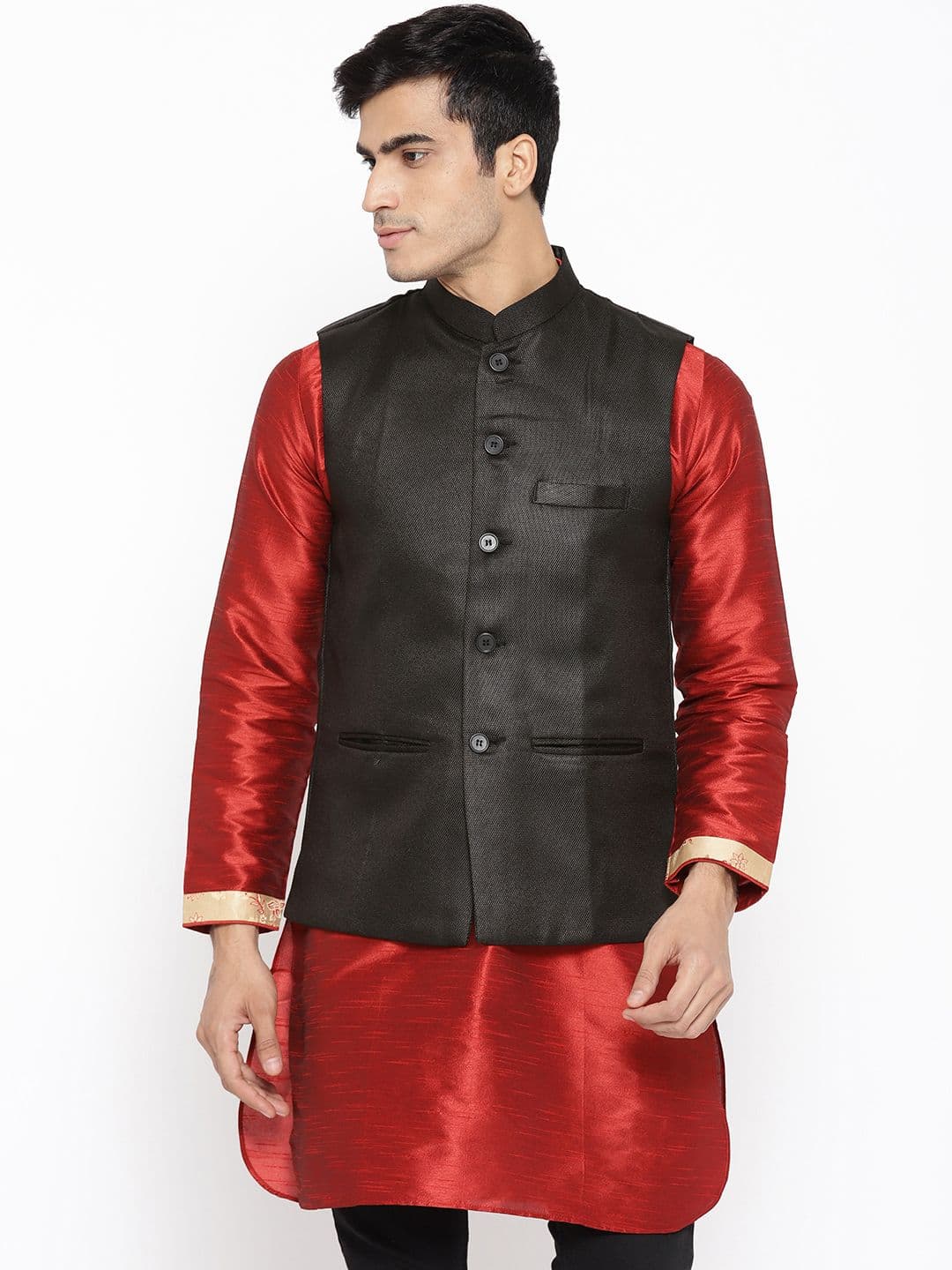 Vastraa Fusion Men Black Textured Nehru Jacket - view 1