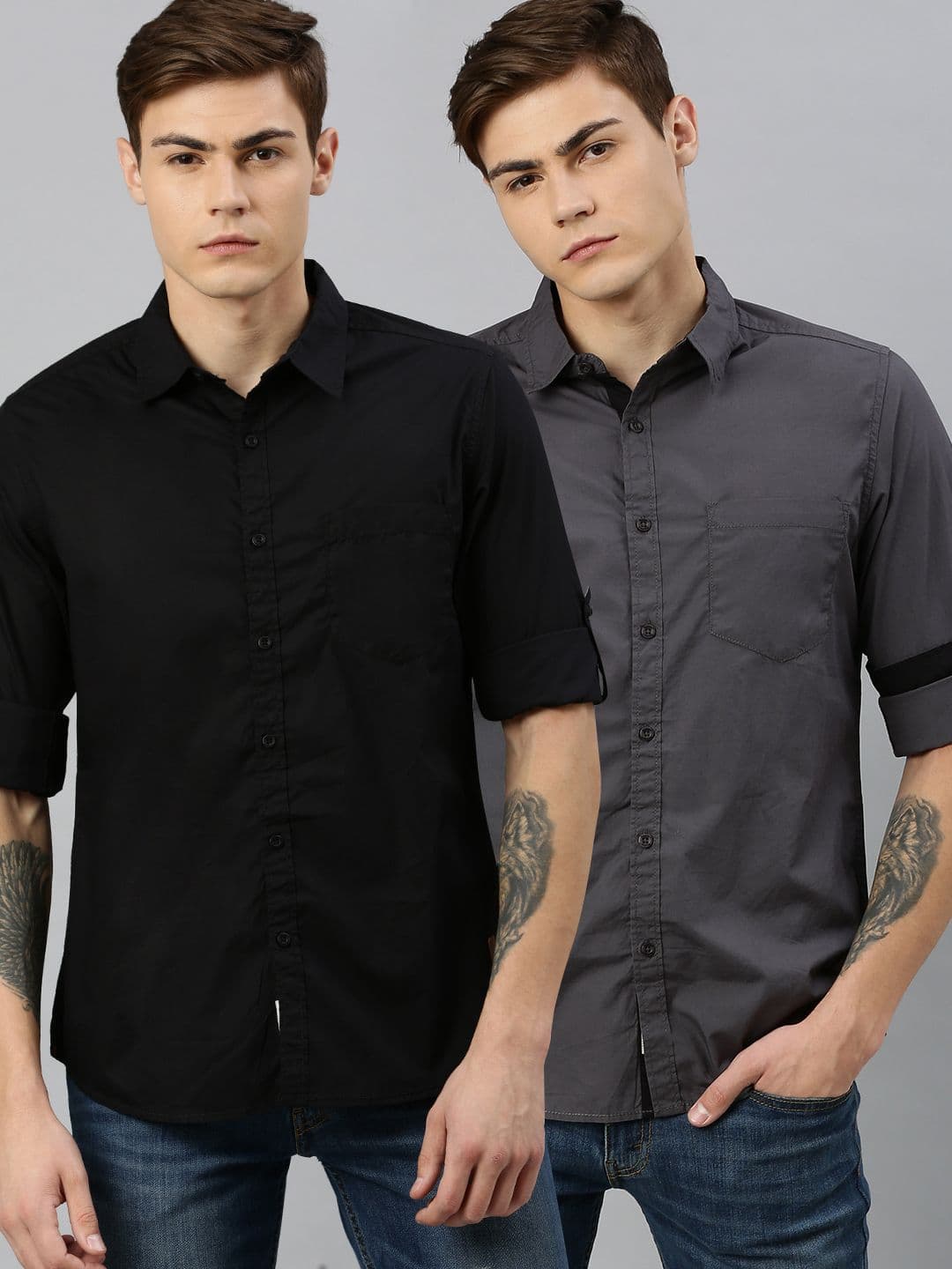 Roadster Men Black & Grey Regular Fit Pack of Two Solid Casual Shirts - view 1