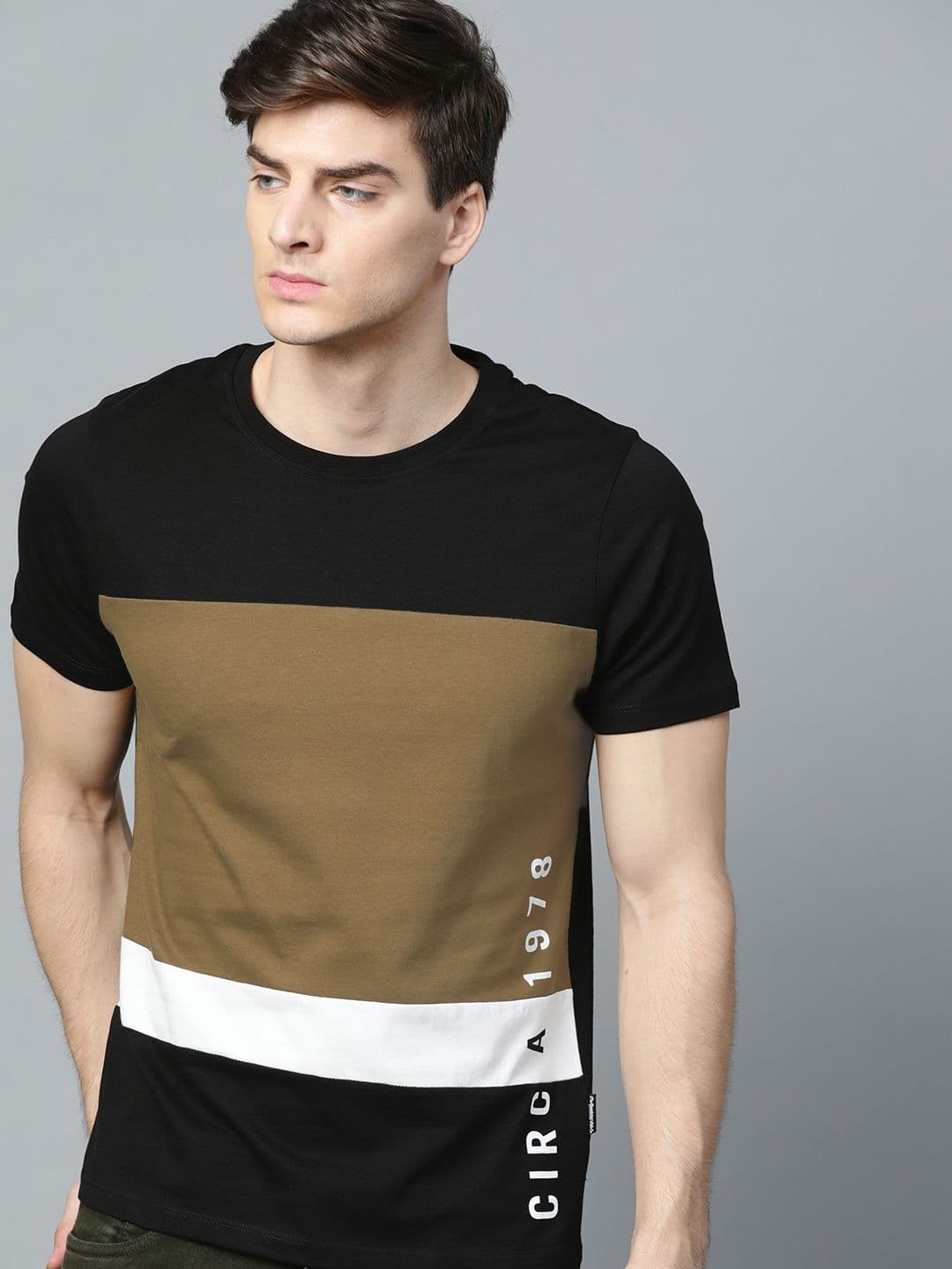 The Roadster Lifestyle Co Men Black & Olive Brown Colourblocked Cotton T-shirt - view 1
