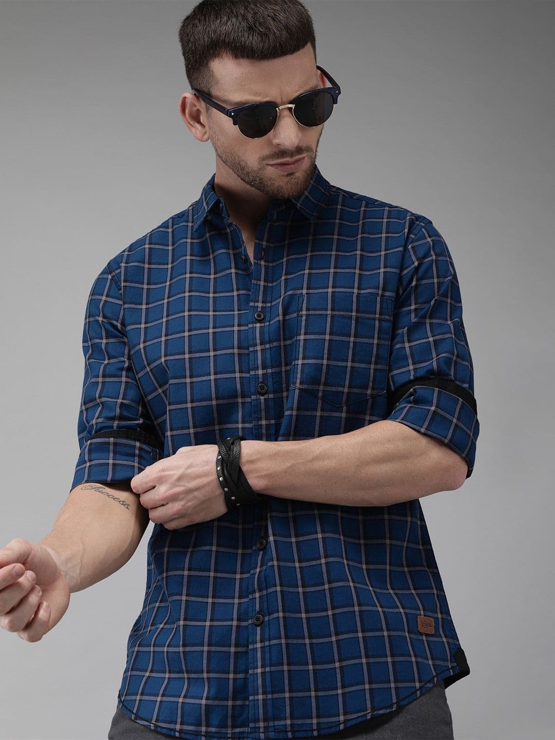 Roadster Men Blue & Grey Checked Pure Cotton Casual Shirt - view 1