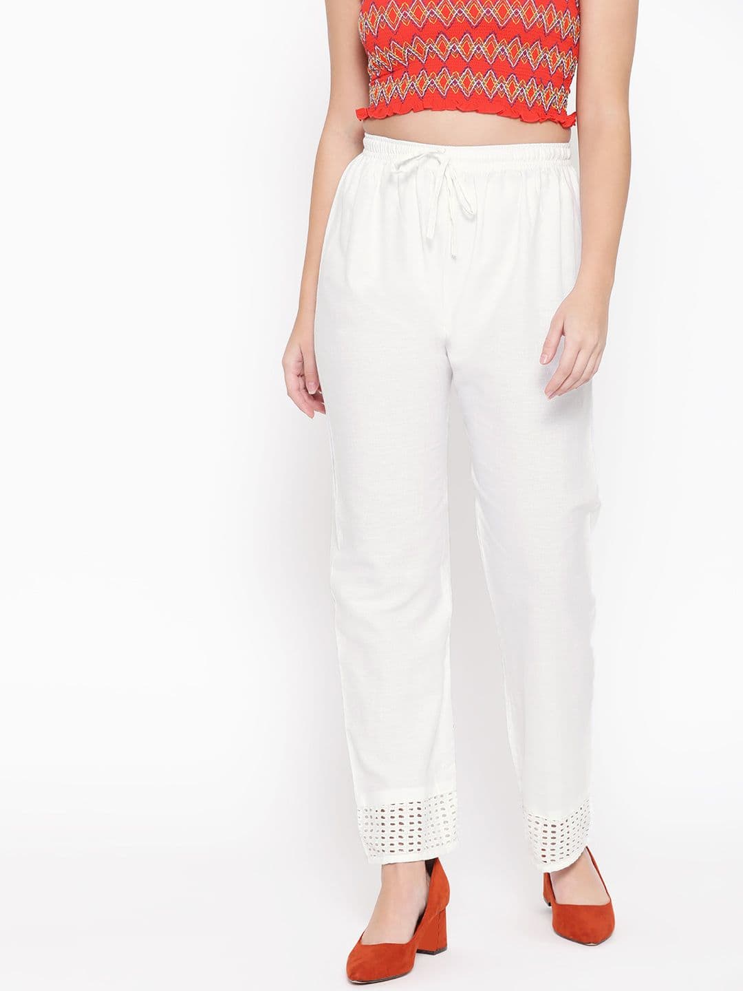 Vastraa Fusion Women White Solid Straight Ethnic Pure Cotton Palazzo - view 1