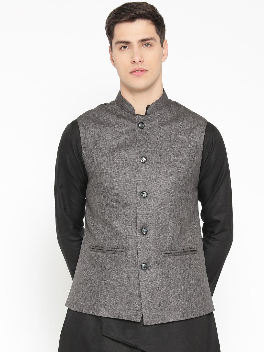 Badoliya & Sons Men Charcoal Grey Solid Nehru Jacket - view 1
