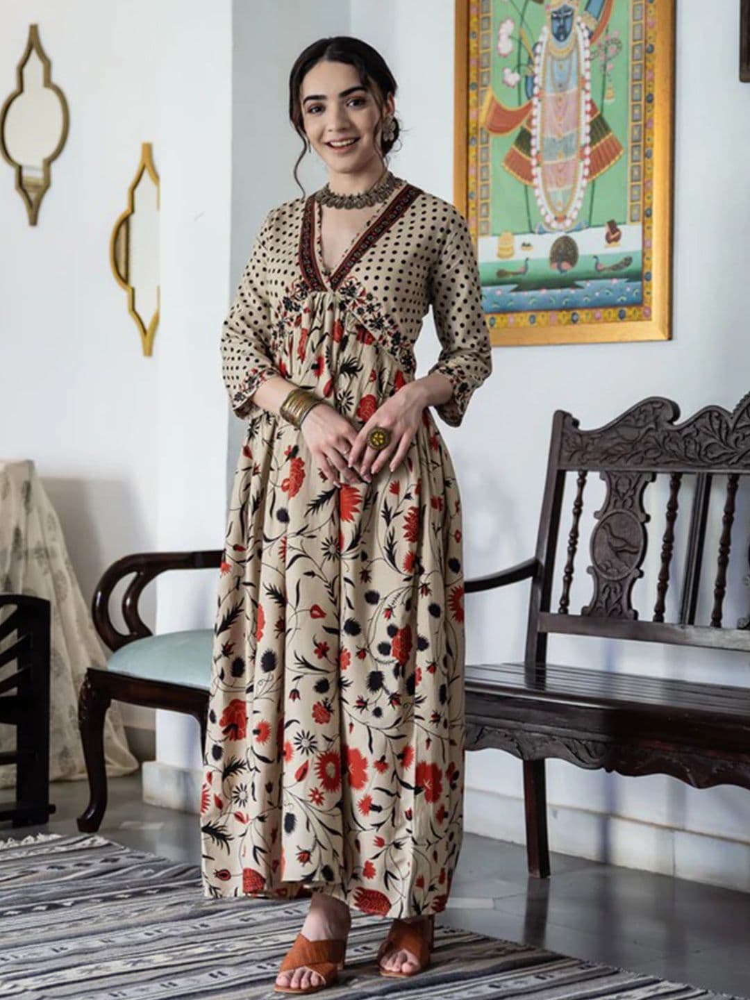 Rustorange Women Beige & Orange Printed A-Line Dress - view 1
