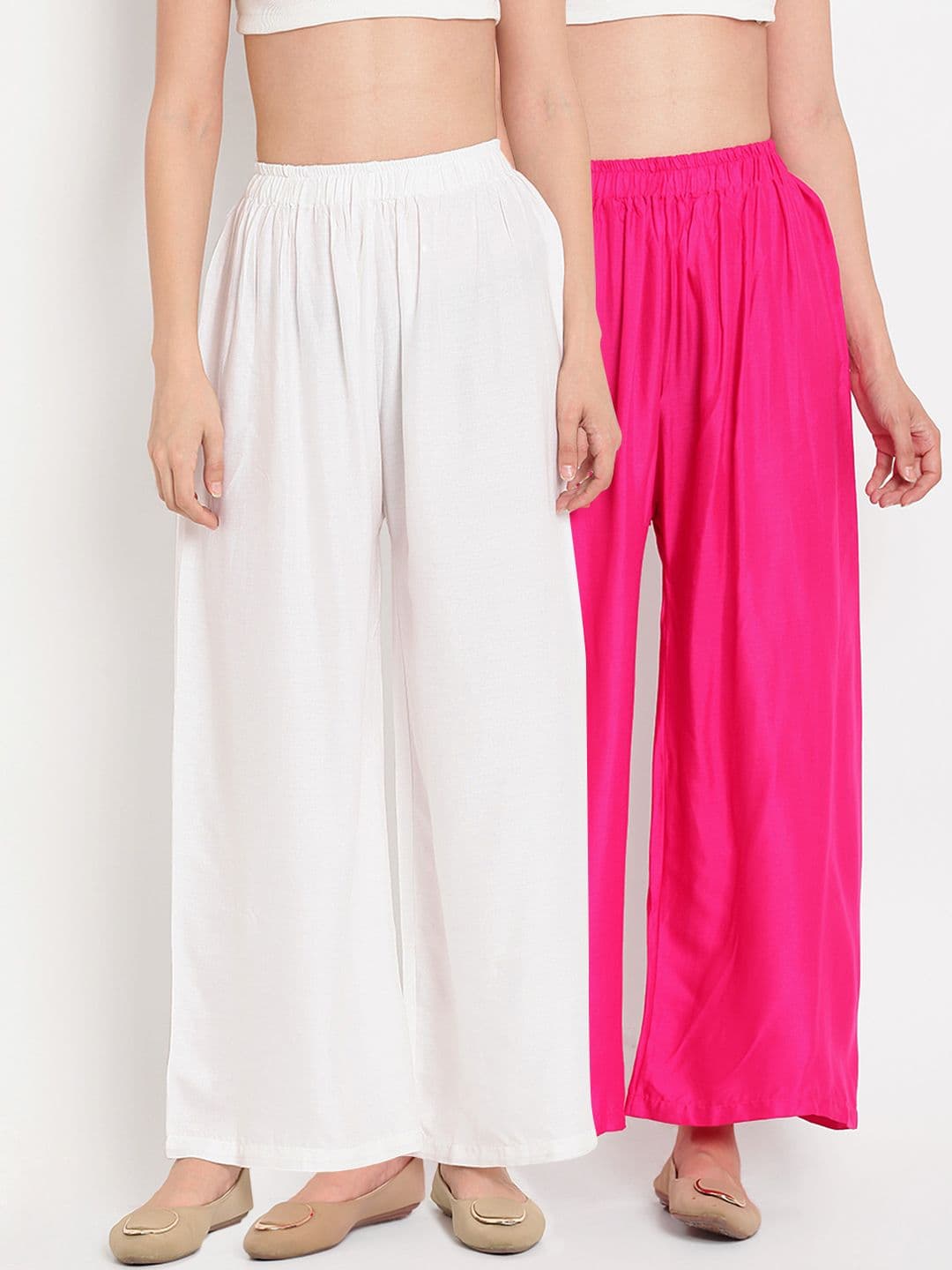TAG 7 Women Pack Of 2 White & Pink Solid Flared Palazzos - view 1