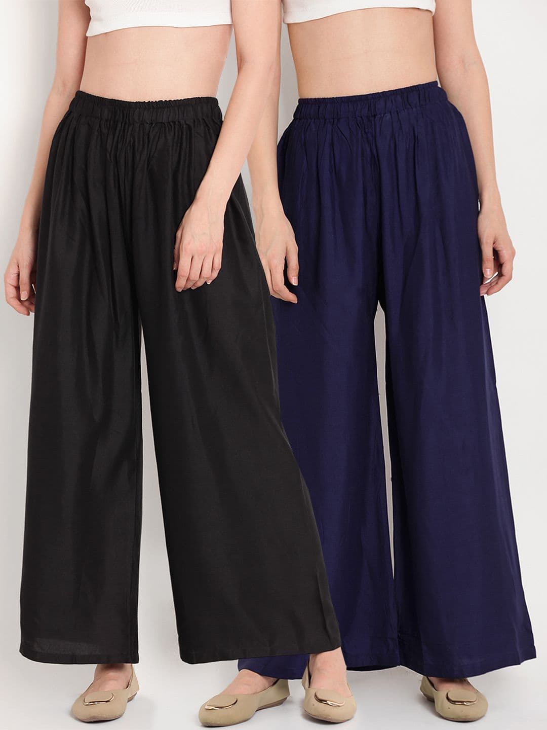 TAG 7 Women Pack Of 2 Black & Navy Blue Solid Flared Palazzos - view 1