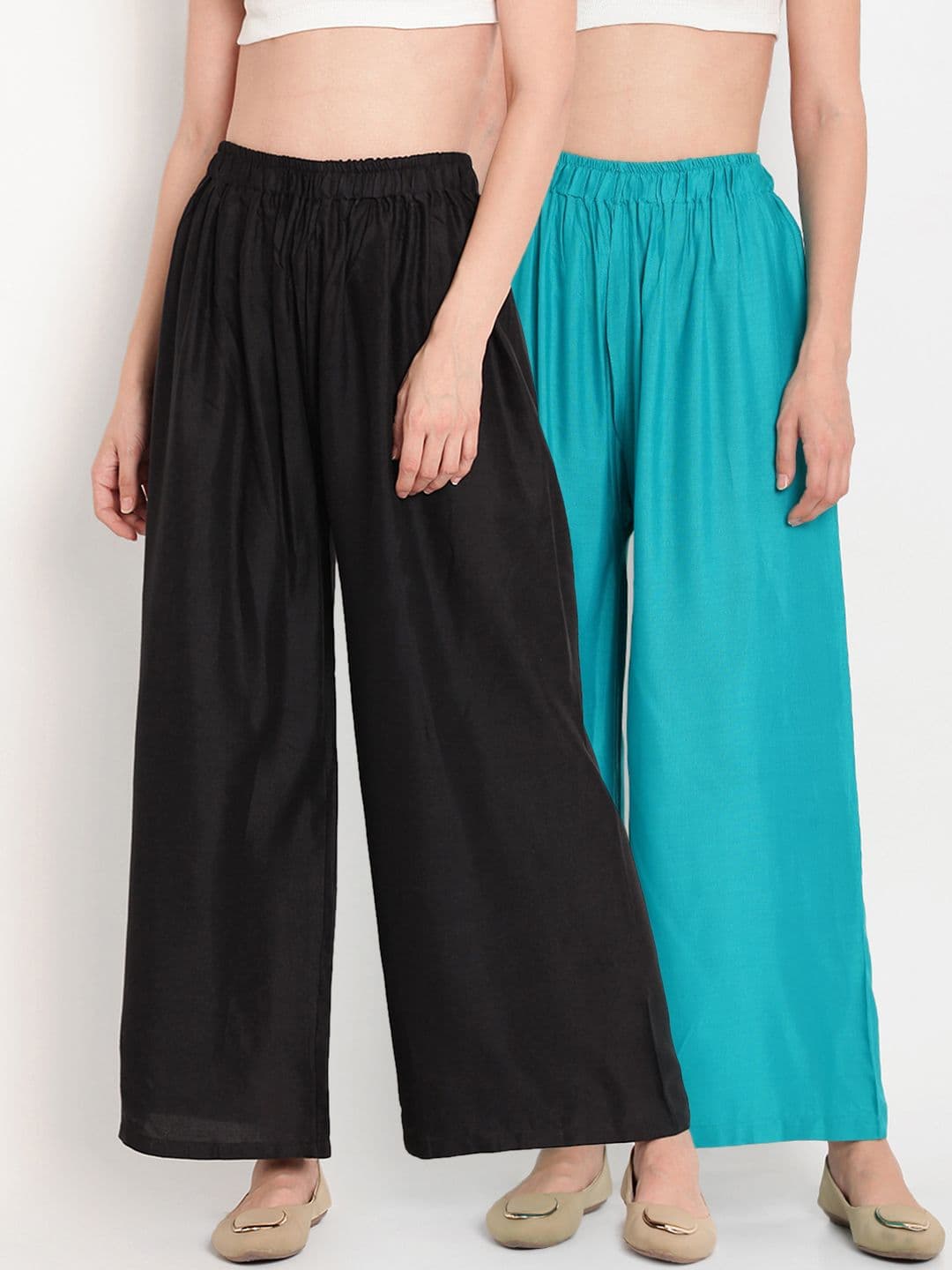 TAG 7 Women Pack Of 2 Black & Teal Blue Solid Flared Palazzos - view 1