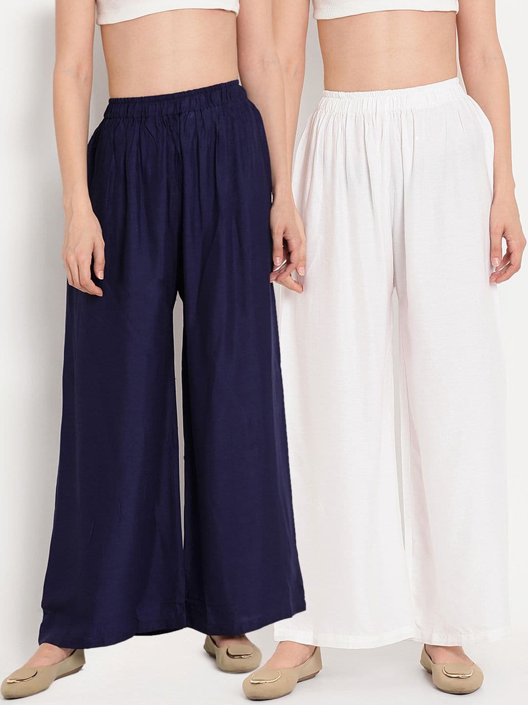 TAG 7 Women Pack Of 2 White & Navy Blue Solid Flared Palazzos - view 1