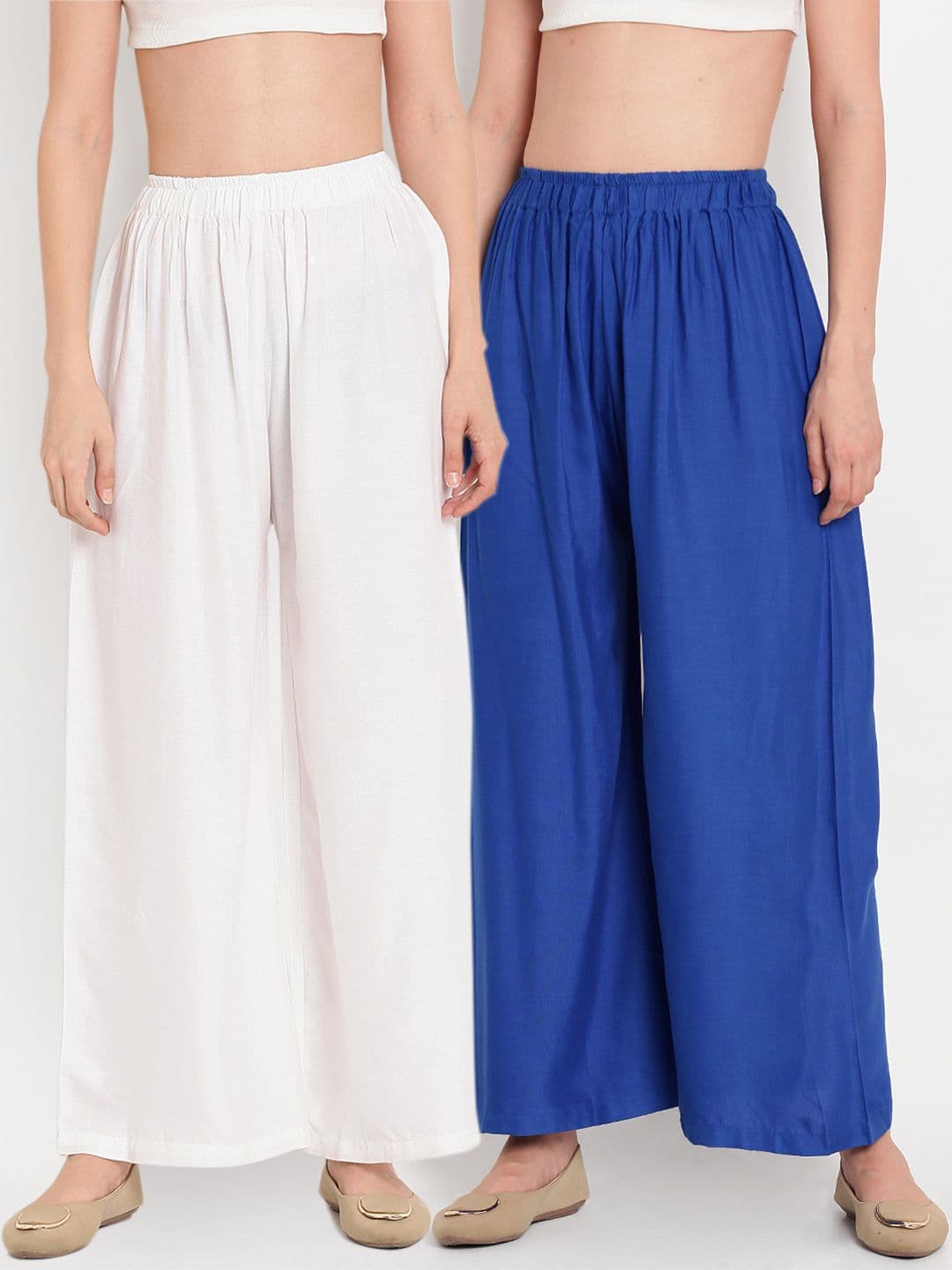 TAG 7 Women Set of 2 White & Blue Solid Flared Palazzos - view 1