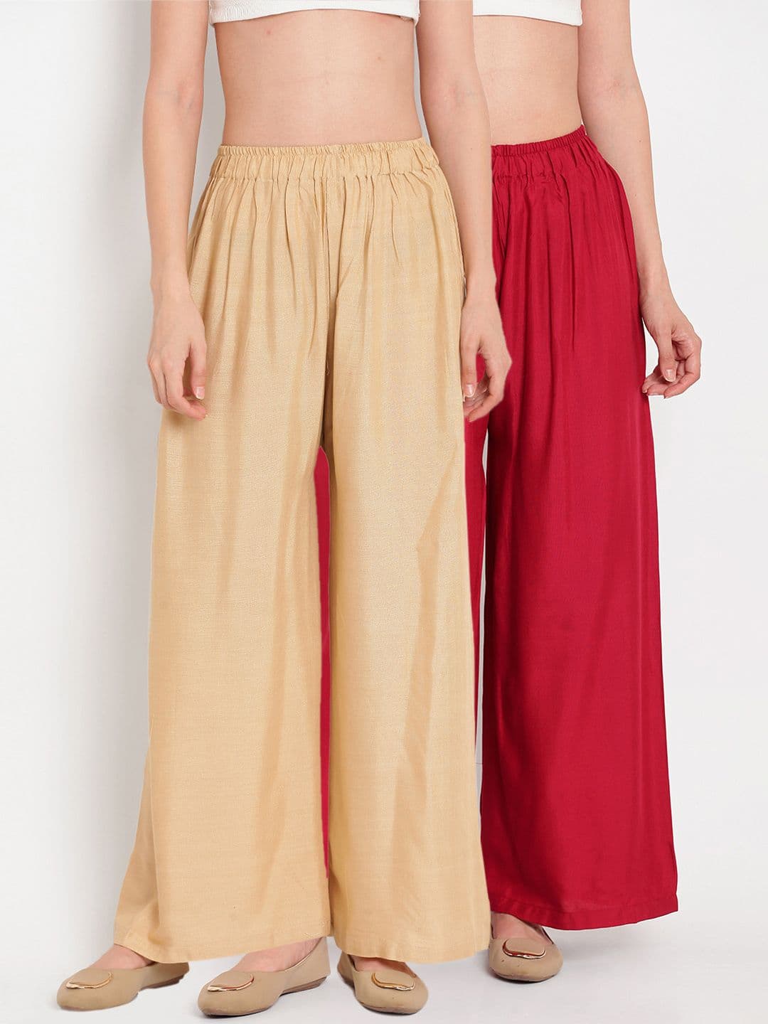 TAG 7 Women Set of 2 Maroon & Beige Solid Flared Palazzos - view 1