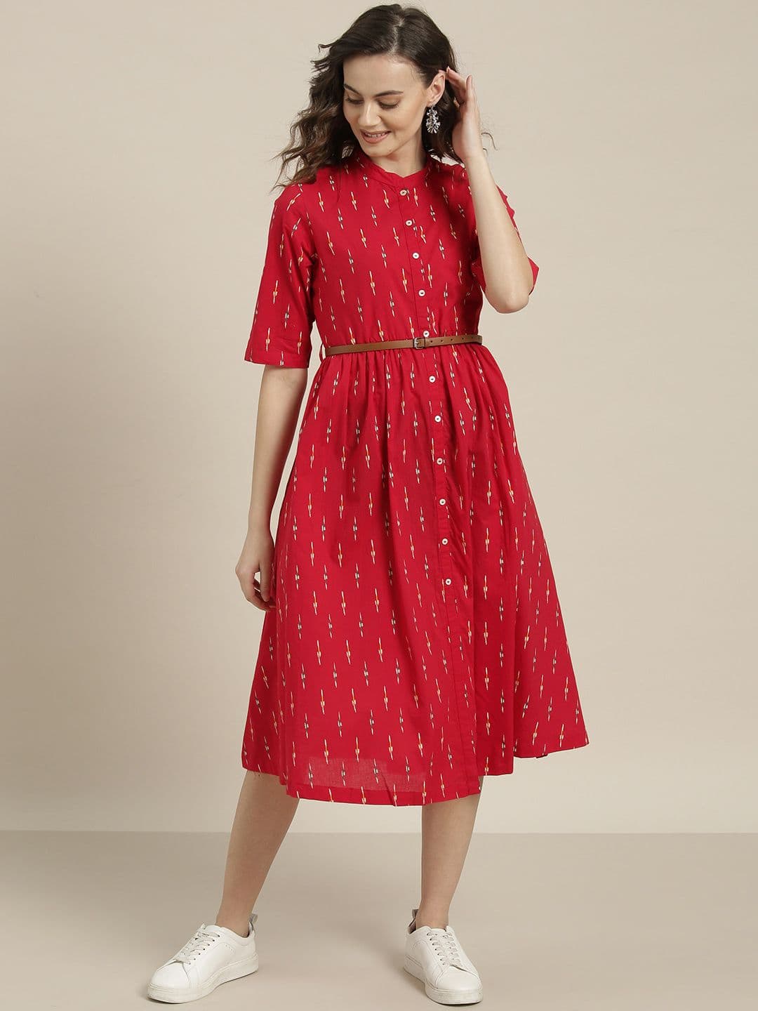 Sangria Red & White Geometric Printed Cotton A-Line Dress - view 1