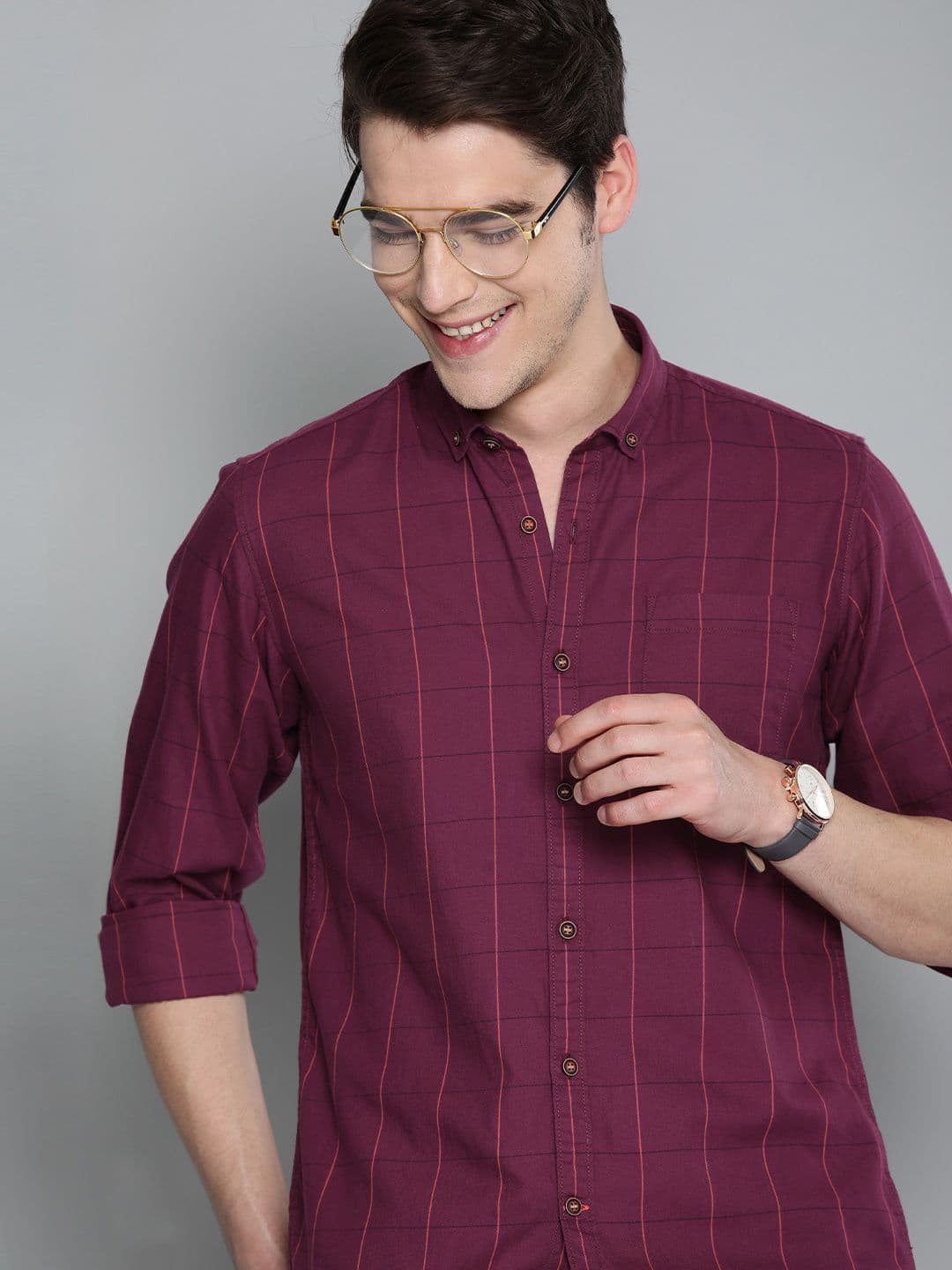 Mast & Harbour Men Magenta & Orange Checked Cotton Casual Shirt - view 1