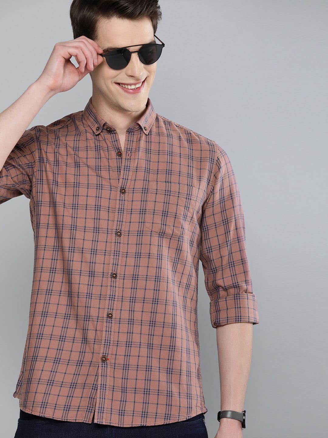 Mast & Harbour Men Brown & Blue Regular Fit Checked Casual Shirt - view 1