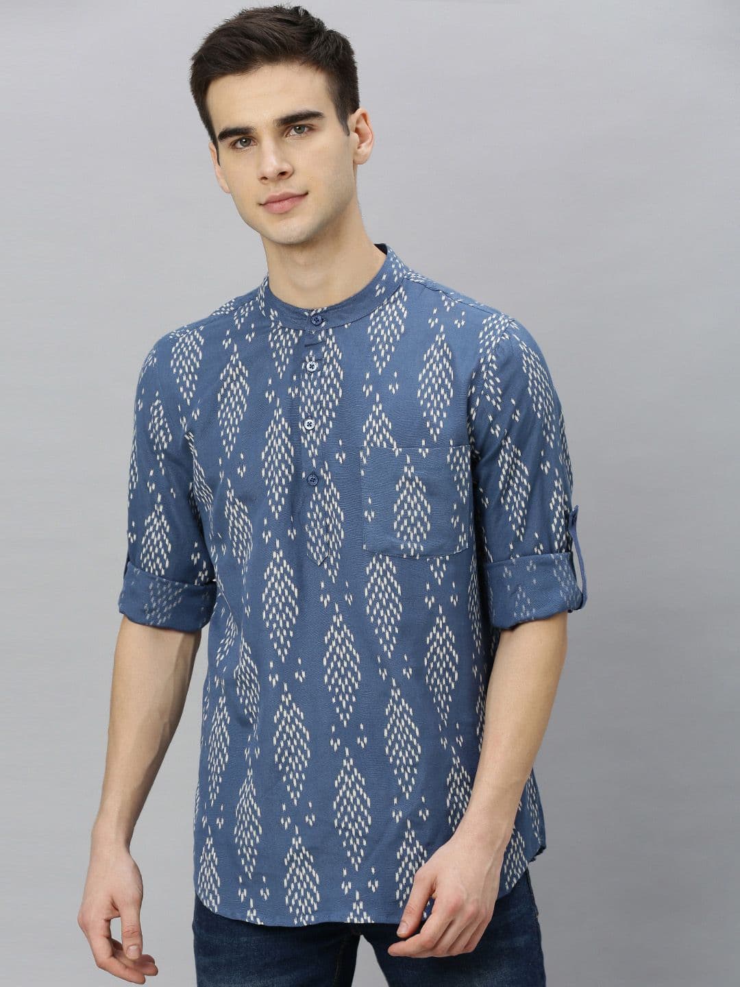 Anouk Men Navy Blue & Off-White Printed Straight Short Kurta - view 1