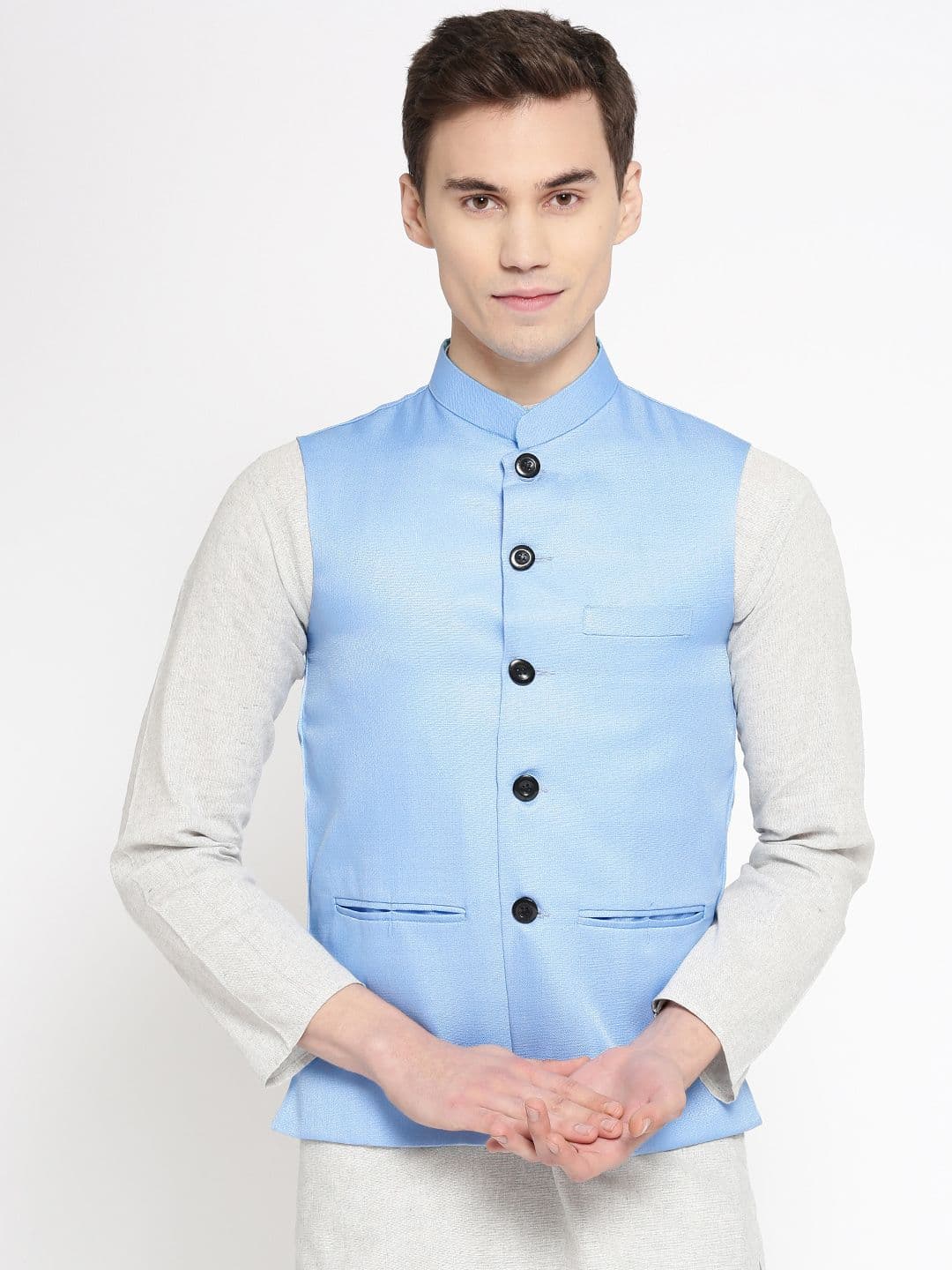 Vastraa Fusion Men Blue Woven Design Pure Cotton Nehru Jacket - view 1