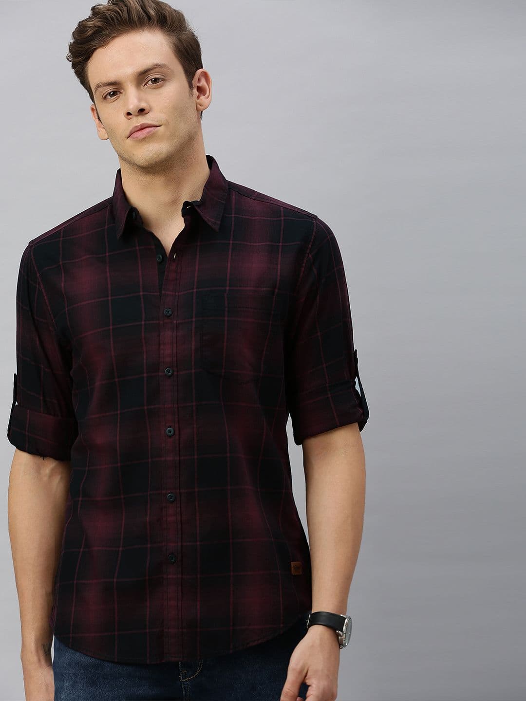 Roadster Men Burgundy & Black Checked Cotton Casual Shirt - view 1