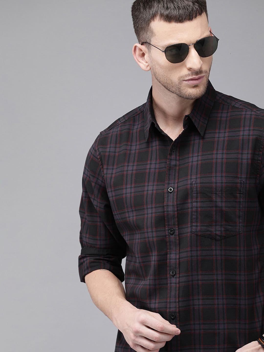 Roadster Men Black & Burgundy Regular Fit Checked Sustainable Casual Shirt - view 1