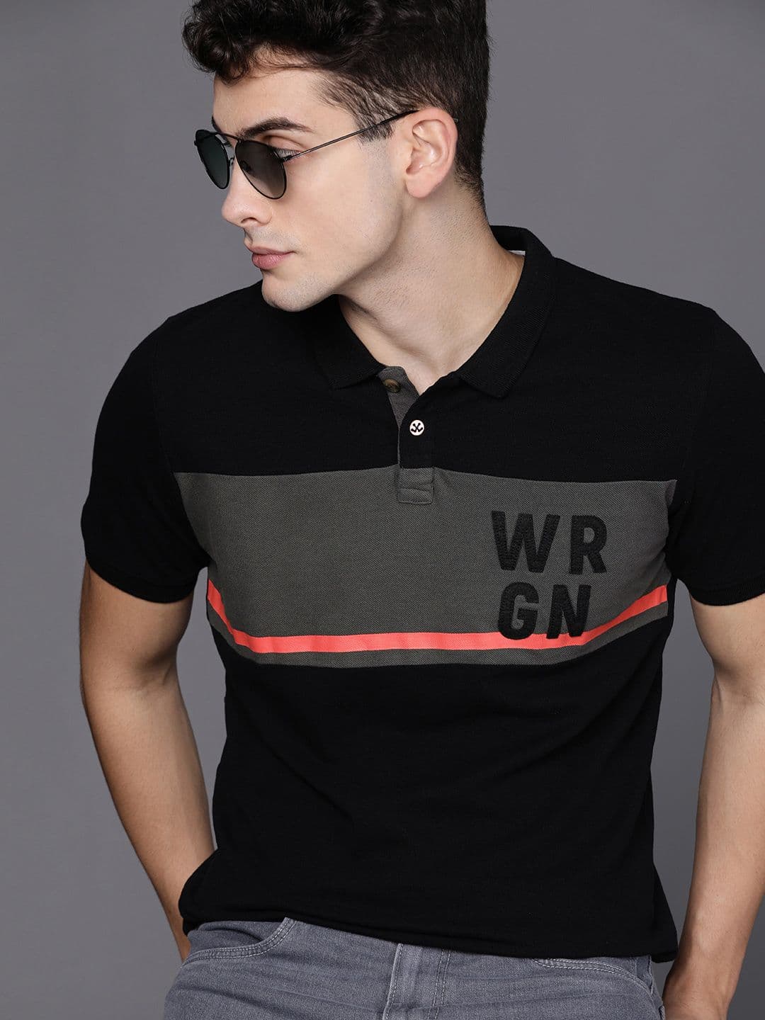 WROGN Men Black Grey Colourblocked Slim Fit Polo Collar Cotton T-shirt With Applique Detail - view 1
