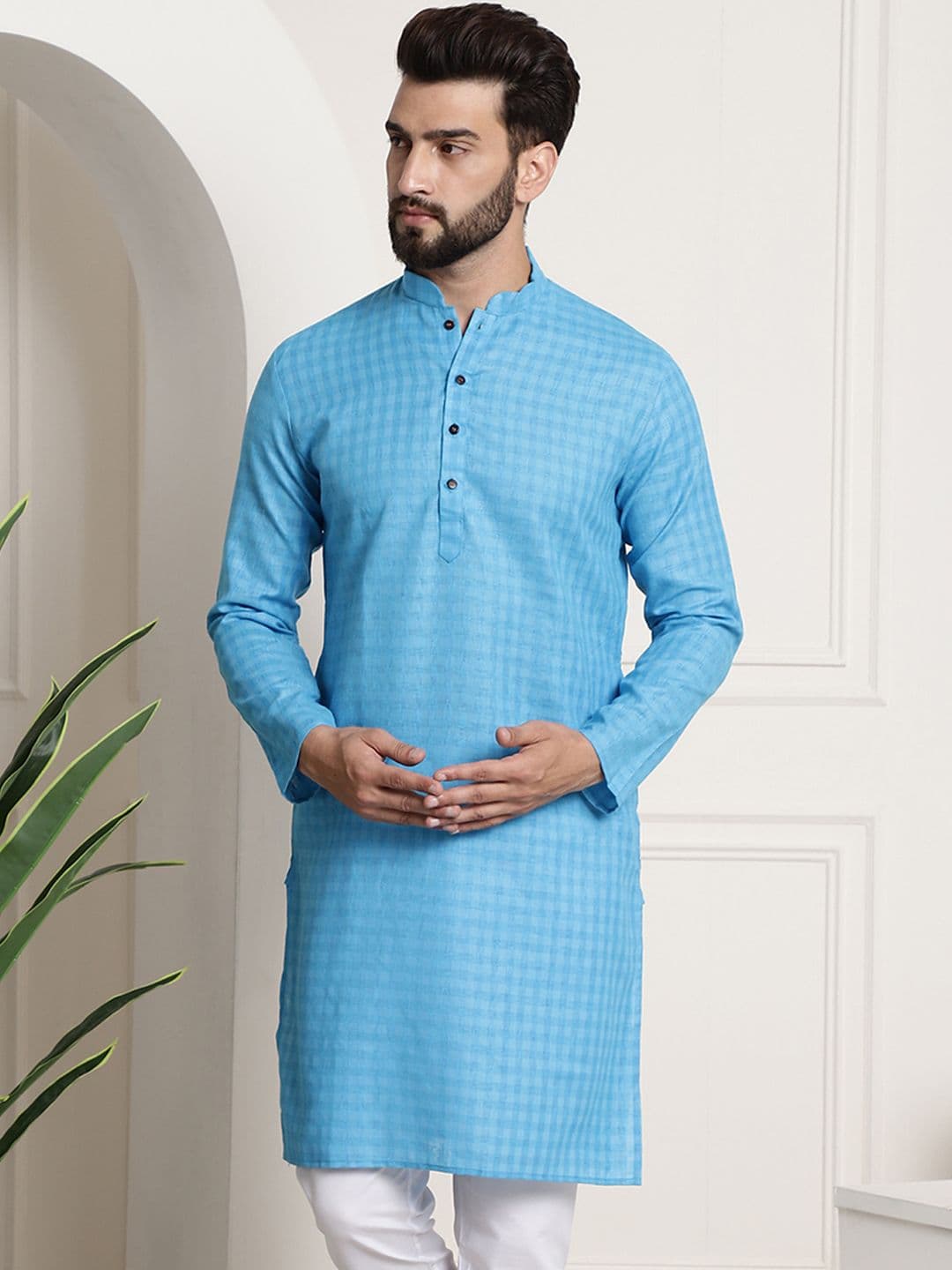 SOJANYA Men Blue Dobby Checked Straight Kurta - view 1