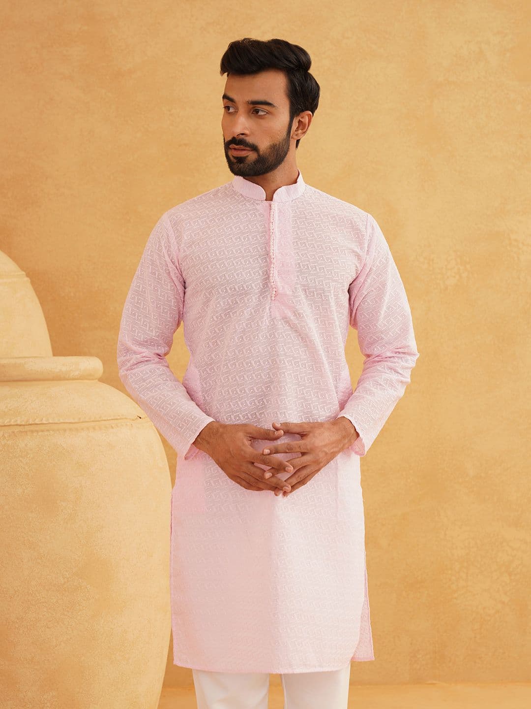 SOJANYA Men Pink Chikankari Embroidered Straight Kurta - view 1