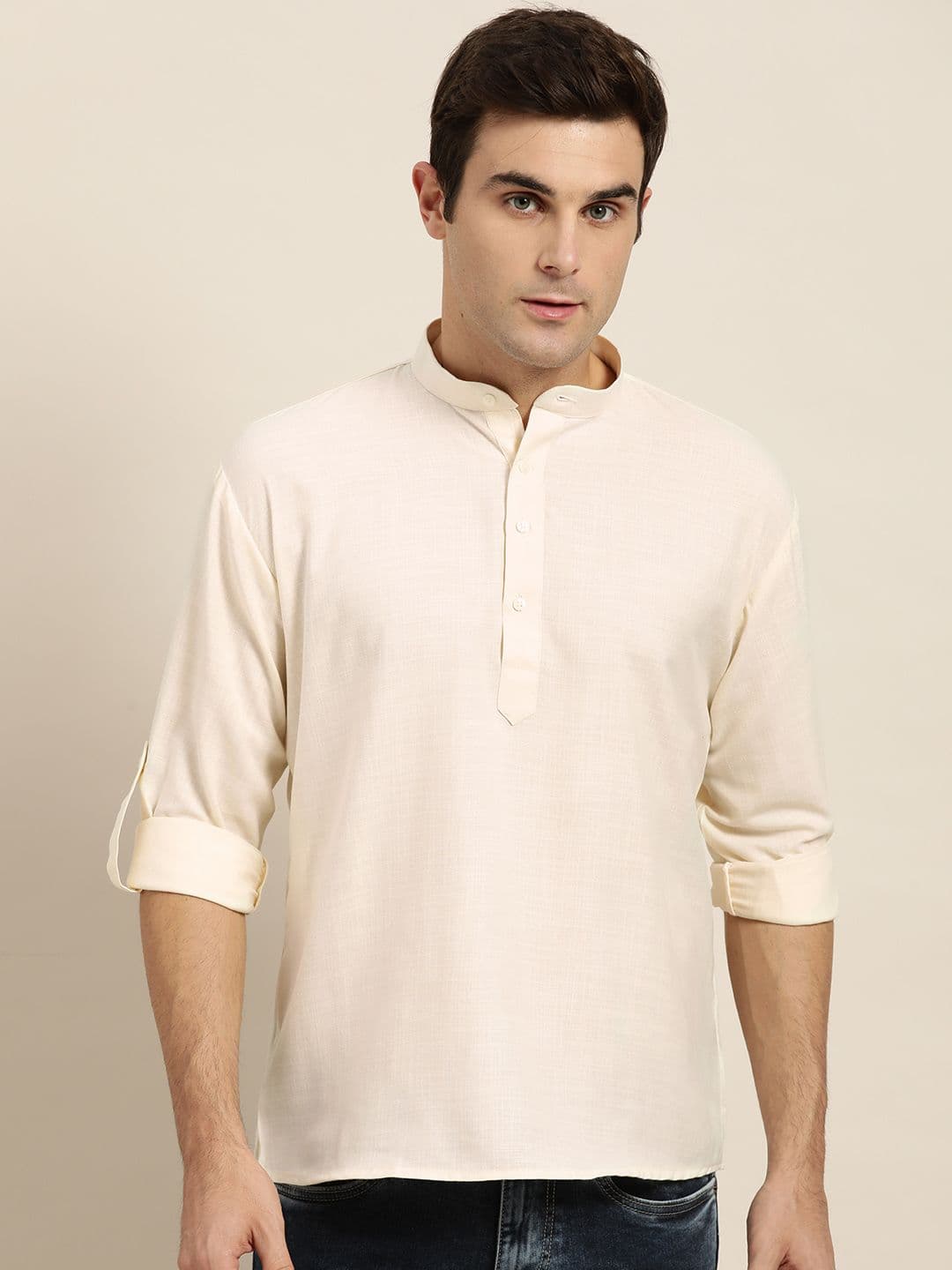 SOJANYA Men Cream-Coloured Solid Straight Kurta - view 1