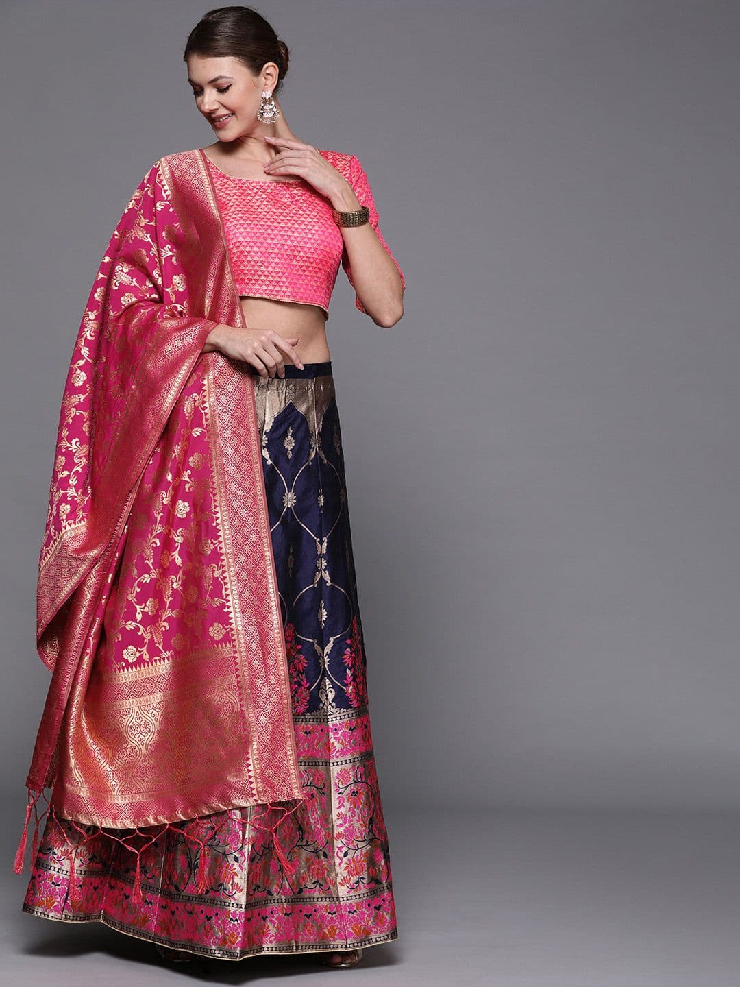 Mitera Navy Blue & Pink Woven Design Semi-Stitched Lehenga & Unstitched Blouse with Dupatta - view 1