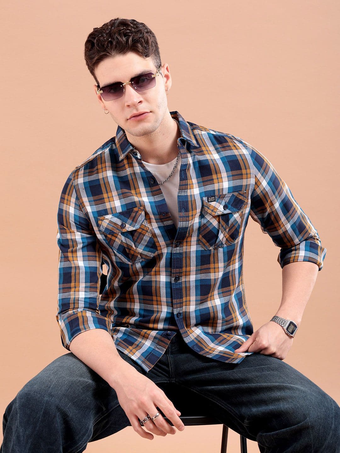 The Indian Garage Co Men Khaki & Navy Blue Slim Fit Checked Casual Shirt - view 1