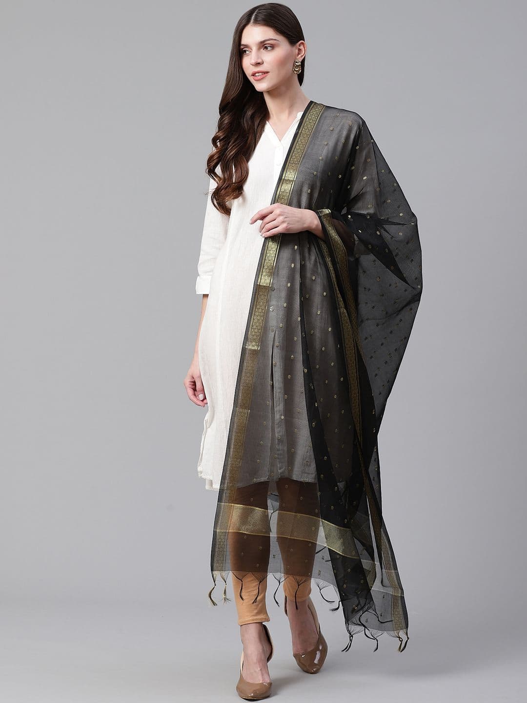 WEAVERS VILLA Black & Golden Woven Design Dupatta - view 1