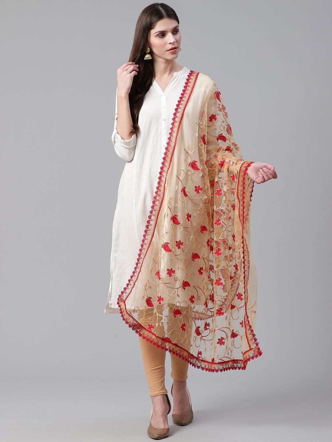 WEAVERS VILLA Beige & Red Embroidered Dupatta - view 1