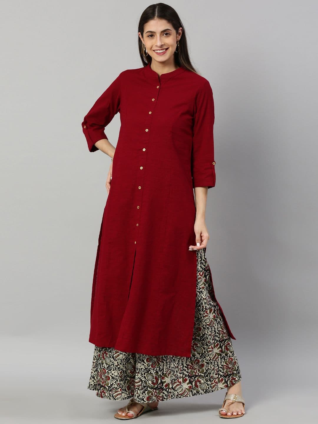 YASH GALLERY Women Maroon & Black Solid Fusion Kurta with Kalamkari Palazzos - view 1